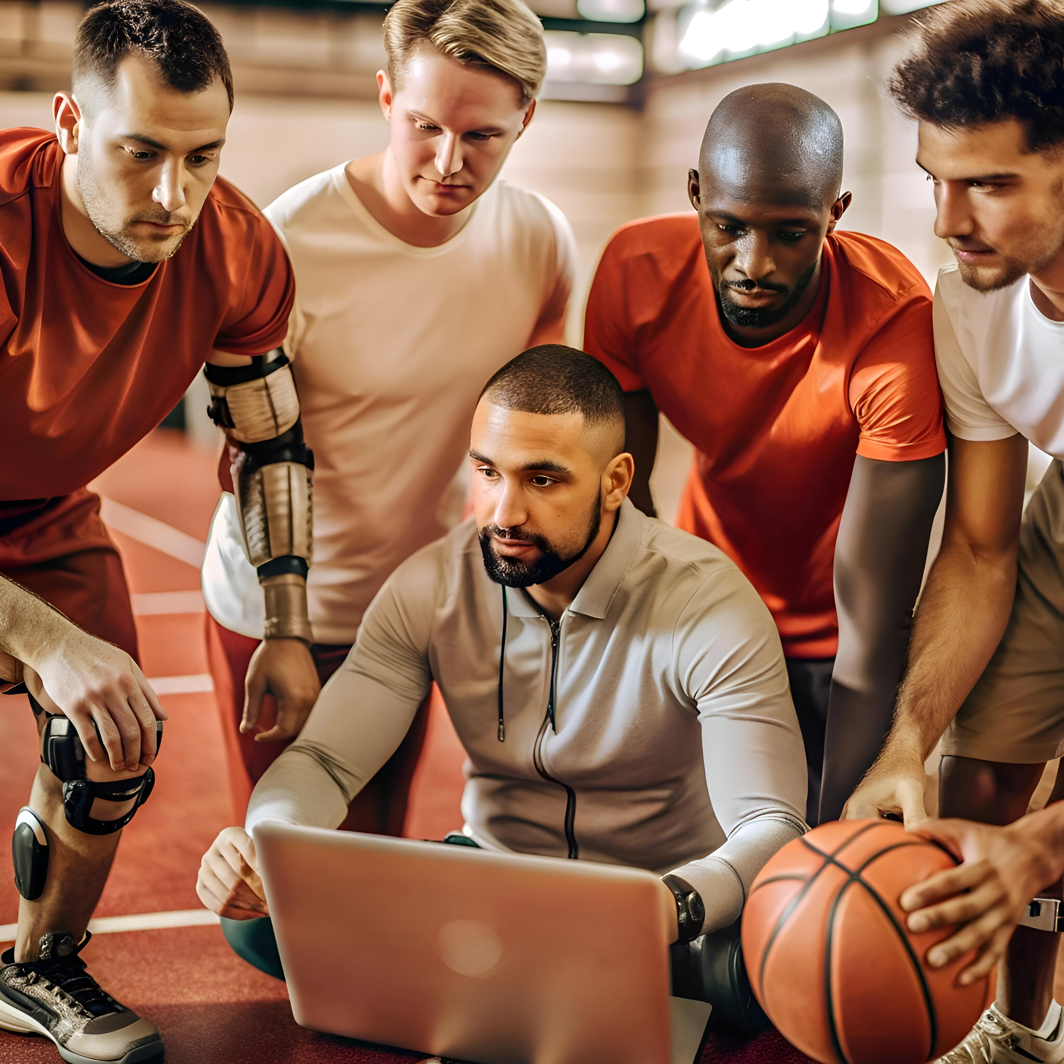 A diverse group of basketball players huddle around a coach anal